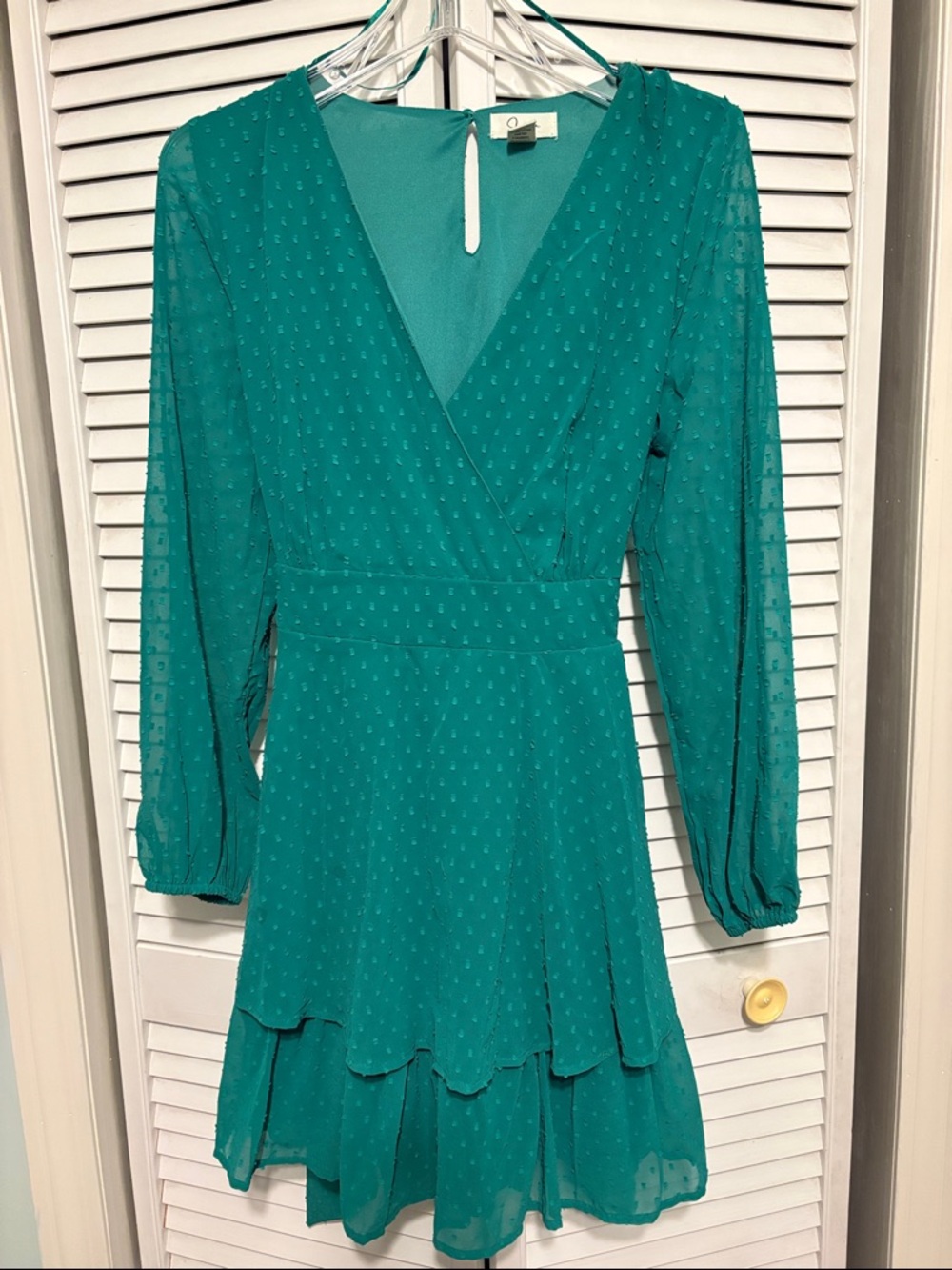 Women's Japan Teal Long-Sleeve V-Neck Tiered Mini Dress